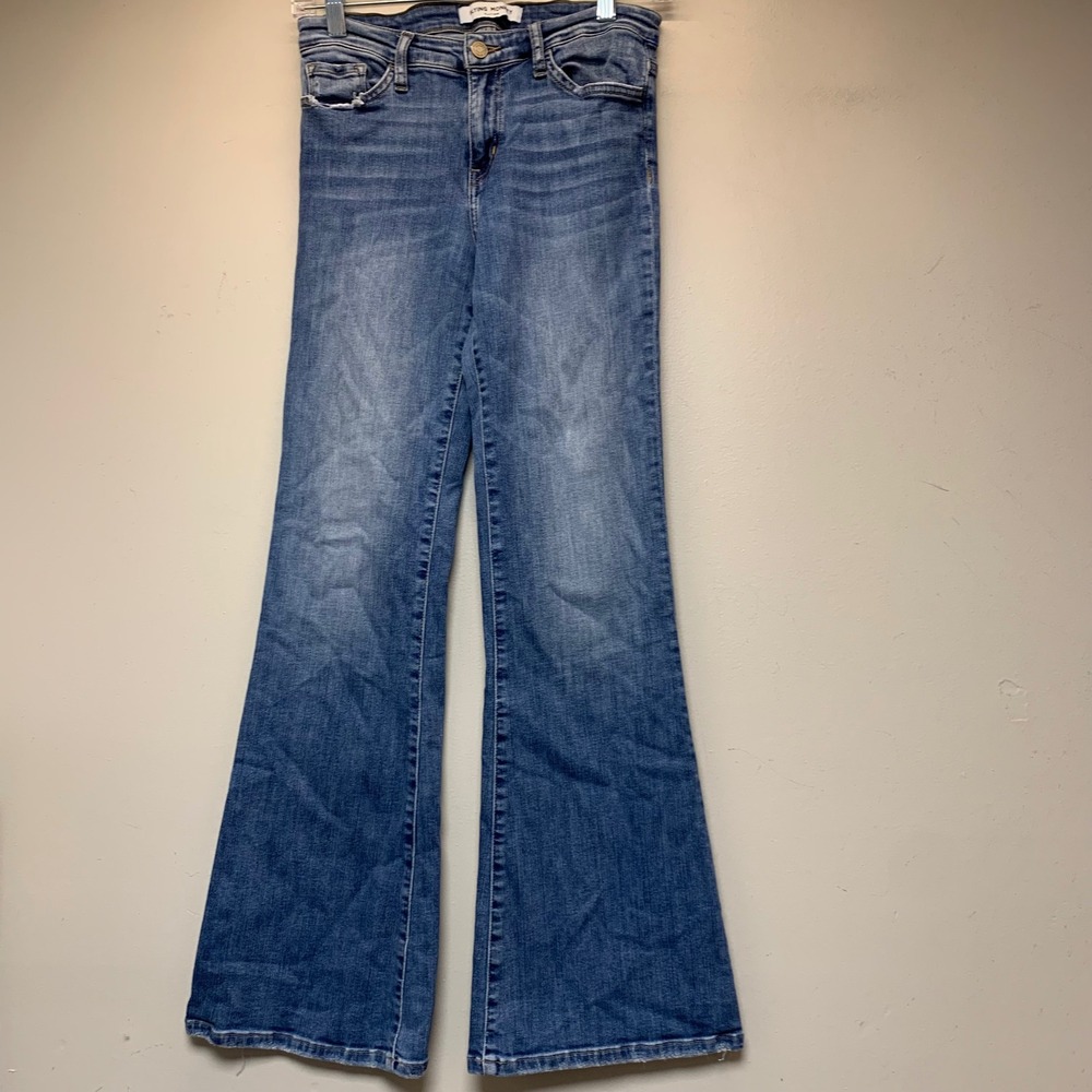 Flying Monkey Platinum Flare Jeans Womens 27 Blue Excellent Stretch Raw Hem Y286